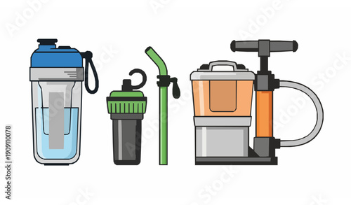 Portable Water Filters and Purifiers Flat Vector Illustration Set
