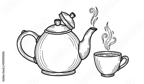 Hand Drawn Teapot and Tea Cup Line Art Vector Illustration