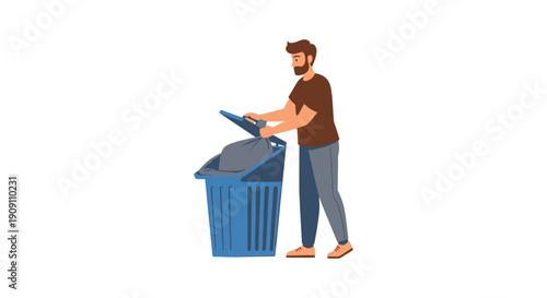 Bearded man wearing brown shirt carefully places a full garbage bag into a blue outdoor recycling bin