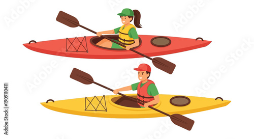 Two happy people paddling kayaks wearing life vests for water safety activity