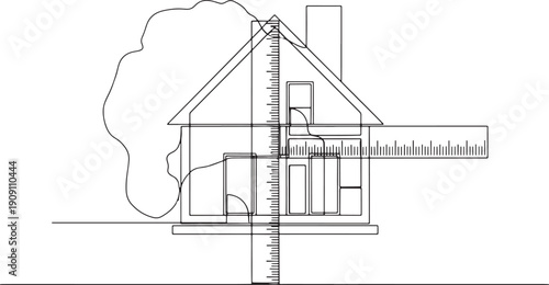 Architectural house drawing with ruler measuring dimensions and isolated on transparent background