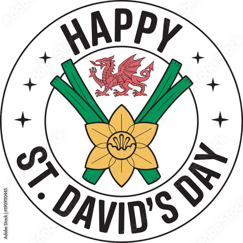 Happy St. David’s Day Badge – Welsh Daffodil Dragon Celebration Design