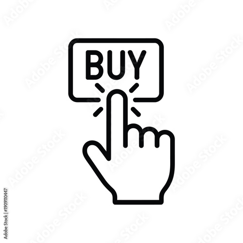 A hand clicking a buy button with a black line art design