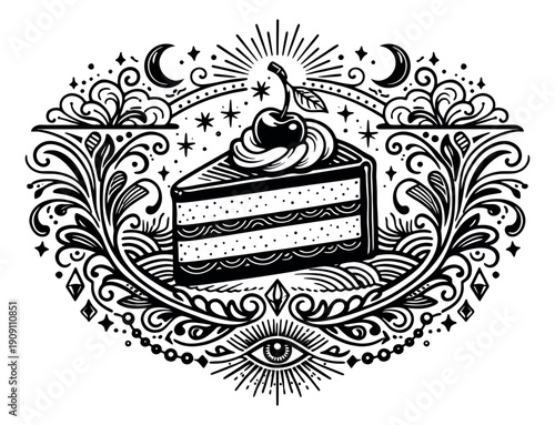 Hand drawn line art illustration of a slice of cake depicting a cherry, whipped cream, and mystical symbols for spiritual or bakery branding