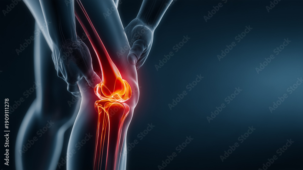 Obraz premium スポーツによる膝の炎症と痛みを表現したイメージ