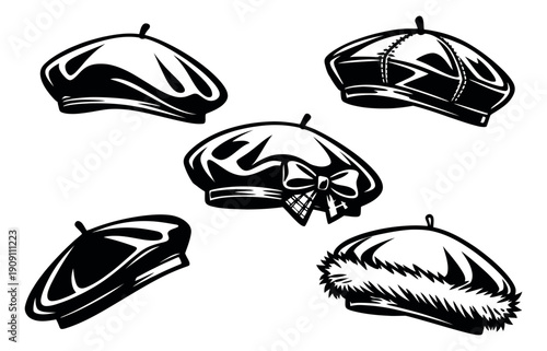 Line art beret set featuring various decorative designs for fashion and apparel projects