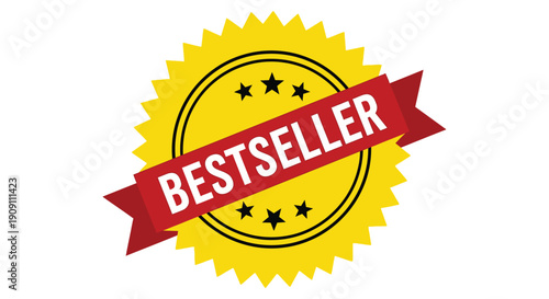 Bright yellow starburst badge proudly featuring a red ribbon banner proclaiming bestseller status in white text