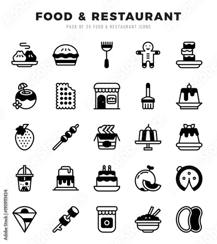 Food and Restaurant Icons Pack Lineal Filled Style. Vector illustration.