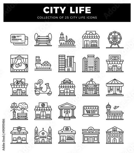 city life outline icons on white background