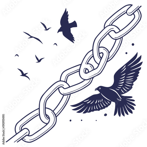 A minimalist vector illustration of a broken chain with birds flying away, symbolizing freedom and liberation.