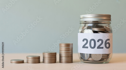 Stacks of coins ascending towards a jar labeled with the year 2026