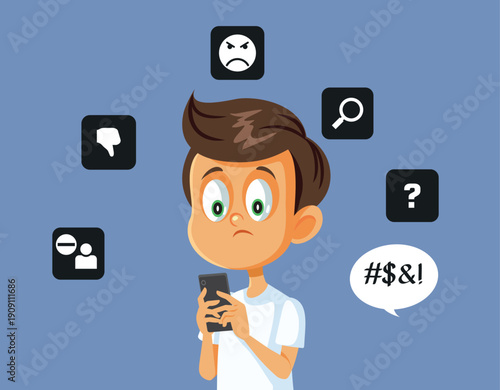 Sad Boy Dealing with Cyberbully Online Vector  Illustration. Unhappy Child Suffering from Internet Harassment and Social Media Hatred 