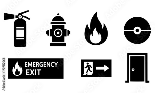 Fire Safety Icon Set with Extinguisher, Alarm, Exit and Hydrant Symbols
