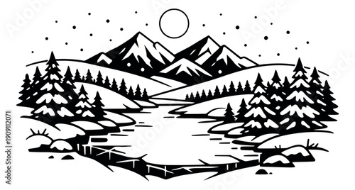 Hand drawn line art illustration of a winter mountain landscape depicting snow-covered trees, a frozen lake, and a full moon for winter holiday designs