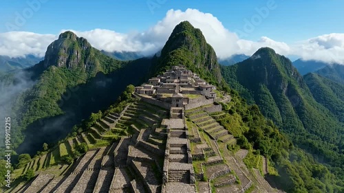 Aerial view of the ancient Incan city of Machu Picchu in Peru