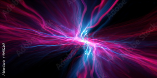 Dynamic abstract fractal background featuring glowing colorful lines of plasma energy and futuristic light waves flowing through black space in a powerful motion art illustration
