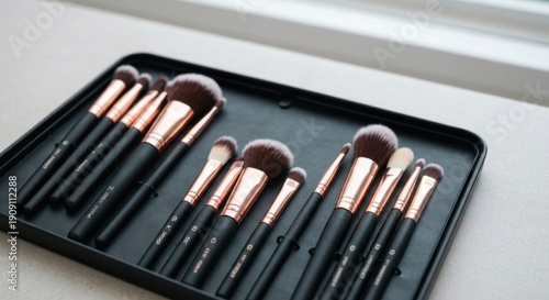 Makeup brushes, organized in a black tray by a window. Rose gold ferules, black handles