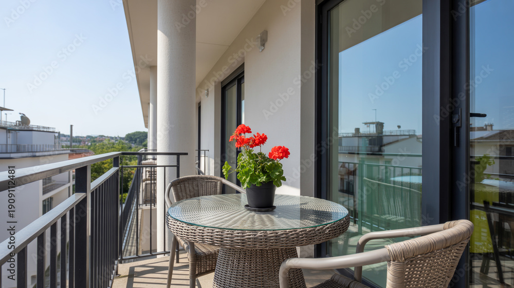 Fototapeta premium A bright balcony features a small table chairs and vibrant red geraniums