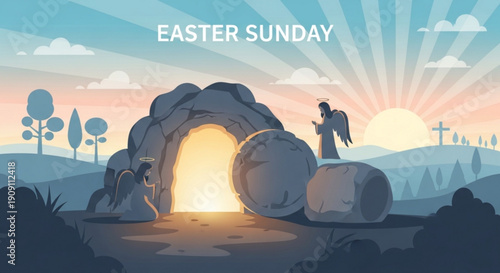 Easter sunday morning with angel standing by empty tomb and glowing light symbolizing resurrection and hope