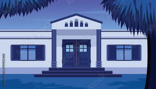 Stylized Building at Dusk with Columns and Shutters. Nighttime Residential House. House Exterior at Night. House facade