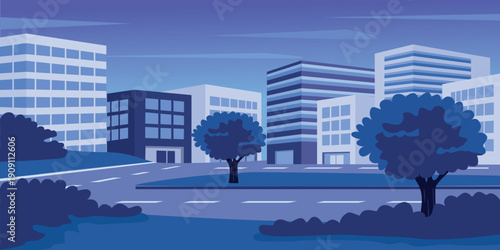 Flat Design Urban Landscape at Dusk. Business district at night. Midnight city. City landscape night. City building