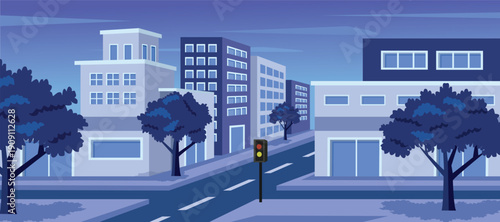 Flat Design City Street at Dusk with Traffic Light. Night city street. Evening in the city. Skyscraper. Storefront night.