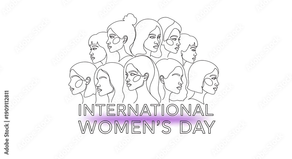 Fototapeta premium Minimalist line art illustration of diverse women's faces forming a pyramid shape for International Women's Day.