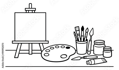 Hand drawn line art artist supplies set featuring an easel with canvas, a palette, brushes, and paints for creative activities