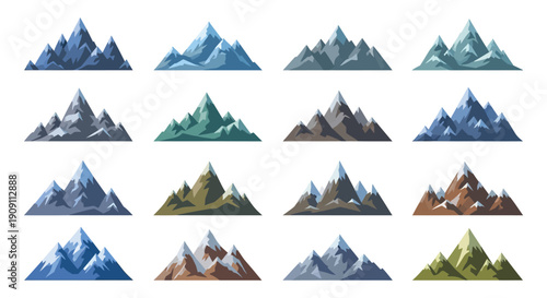 Collection of stylized vector illustrations representing diverse mountain ranges with varied color palettes