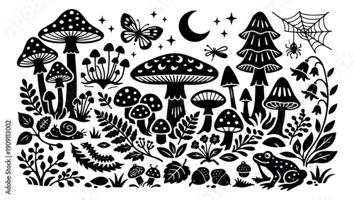 Hand drawn decorative forest set featuring mushrooms, plants, moon, and woodland creatures for whimsical designs
