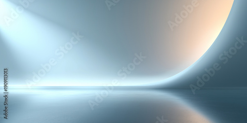 Abstract light shadow forms dynamic curved shapes reflected on empty clean floor, offers copy space, ideal background in warm blue tones for modern design, branding and product presentation.