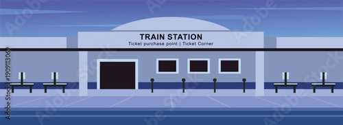 Flat Design Illustration of a Train Station Ticket Office. Train station at night. Public service. 