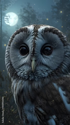Close-up of an owl in a moonlit forest at night