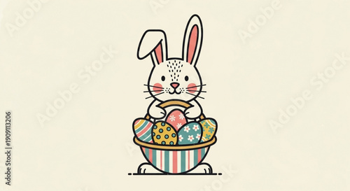 Cute white easter bunny sitting in colorful striped bowl filled with decorated eggs on cream background