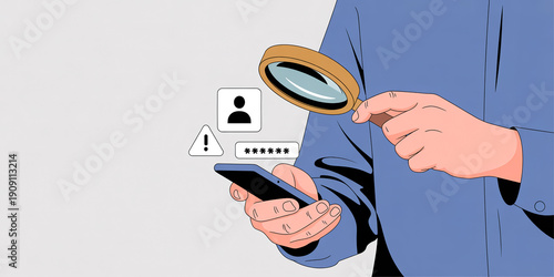 A hand holding a magnifying glass over a smartphone displaying data security concerns