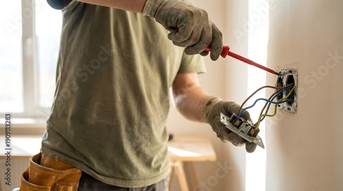 A skilled electrician wearing gloves uses a screwdriver to carefully connect colorful electrical wires to a new wall outlet, demonstrating safe electrical installation.