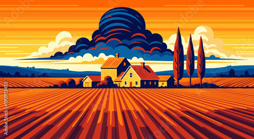 Vibrant vector illustration of a farmhouse and fields under a dramatic sunset sky, evoking rural tranquility and artistic warmth