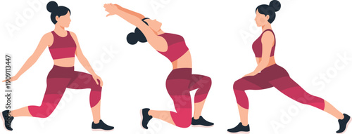 Woman fitness workout poses set showing lunges and stretching exercises, flat vector illustration of female athlete training isolated on white background