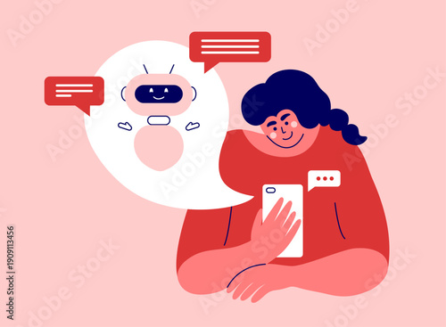 Ai chatbot vector illustration. Virtual assistant help. Woman holding smartphone in hand chatting android robot. Support, message chat bot, online dialog concept. Using app find solution, smart search