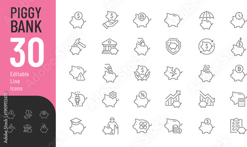 Piggy Bank Line Editable Icons set. Vector illustration in modern thin style of finance related icons: banking, savings, crisis, and more. Isolated on transparent background.