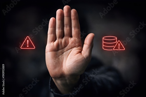 Stop hand gesture with warning icons for data privacy and cybersecurity protection