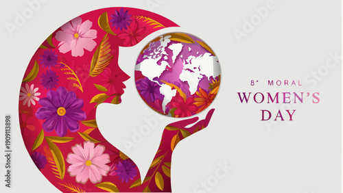 Vibrant floral silhouette of woman holding globe on Women's Day