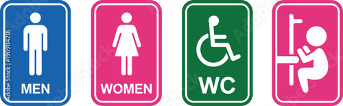 Public restroom signs set with men women wheelchair and baby changing icons, toilet WC symbols isolated on white background for signage design