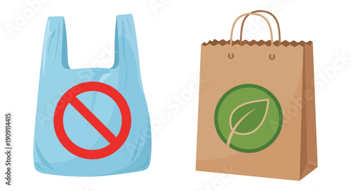 Illustration showing the importance of choosing eco friendly paper bags over prohibited plastic shopping bags