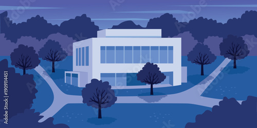 Modern Building at Dusk with Trees and Winding Paths. Hospital at night. Building at night time. Midnight modern building.