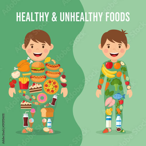 Cartoon boy surrounded by healthy and unhealthy food.