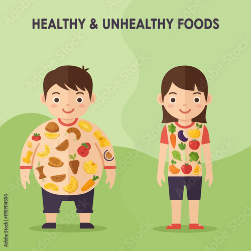 Cartoon Children Wearing Food Printed Shirts.