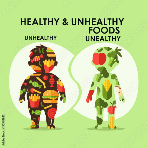 Illustration of Unhealthy and Healthy Food Characters.