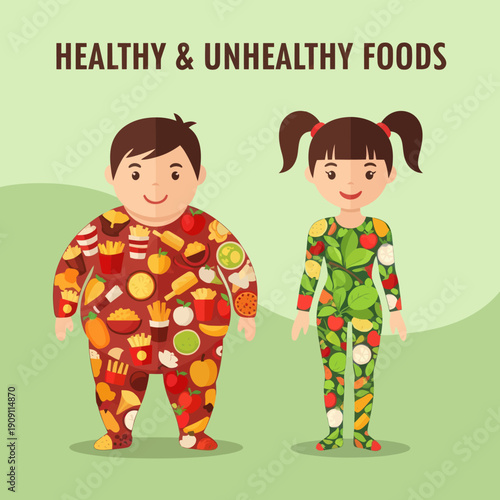 Children Wearing Food Print Pajamas Standing Together.