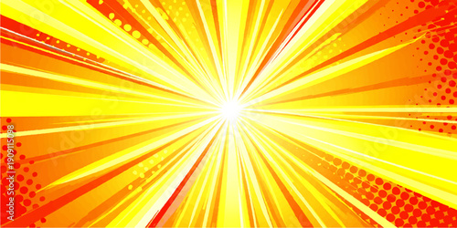 A vibrant abstract orange vector background features a bright sunburst illustration with yellow rays and a summer sunlight beam pattern to create an artistic starburst wallpaper backdrop